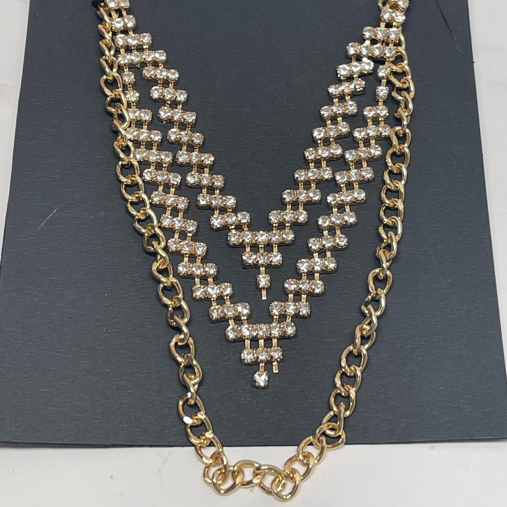 BeBe GOLD RHINESTONE CHAIN LINK 3 LAYER NECKLACE new in packet - Picture 1 of 6